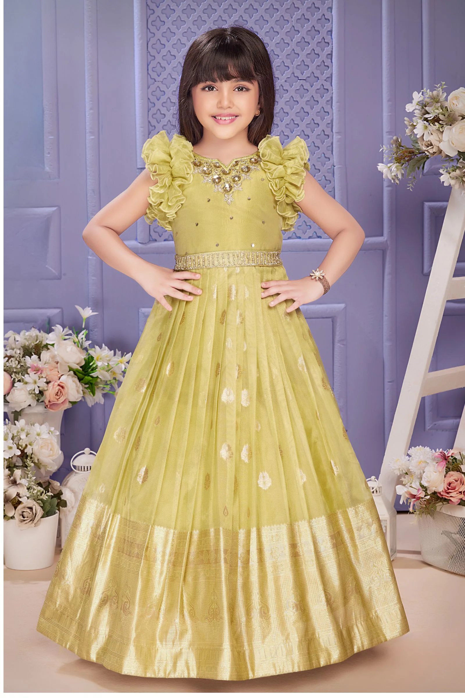 Lemon Yellow Zari, Sequins and Mirror work Long Party Gown